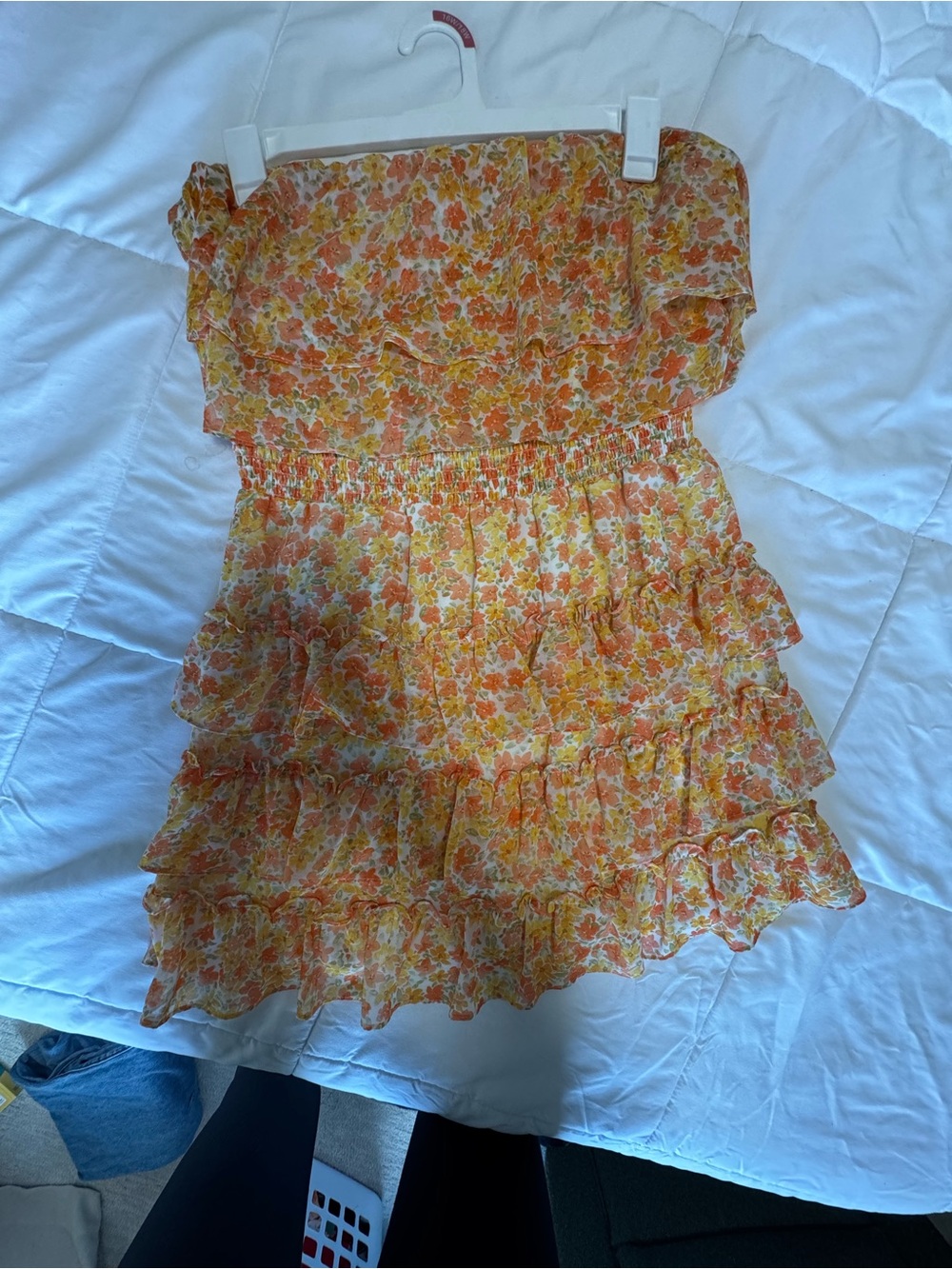 Strapless Floral Ruffle Mini Dress in Orange